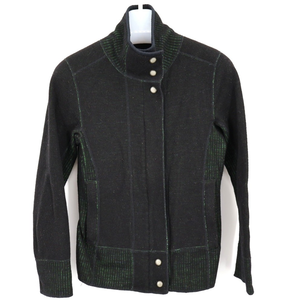 Title Nine Black Green Funnel Neck Boiled Wool Cardigan Zip & Snap Front Size XS